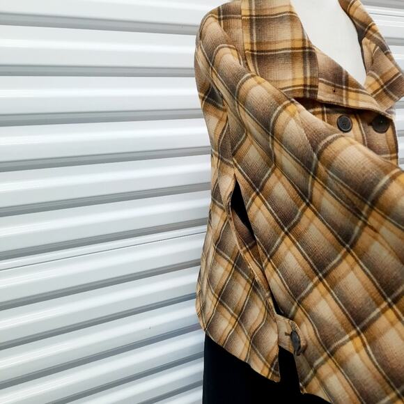 Tahari Plaid Wool Blend Cape Coat Brown Womens 12 Classic Fall Academia Jacket - Picture 5 of 9